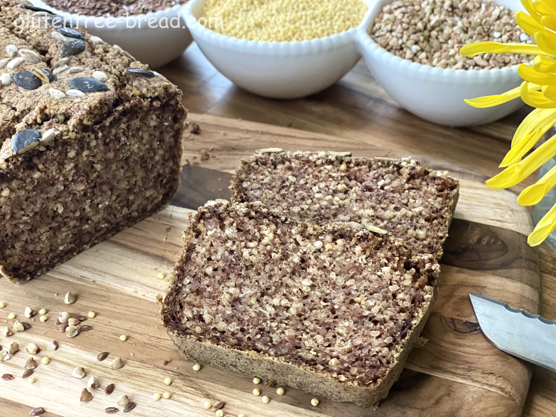 Recipe description:<br> This Buckwheat Millet Flaxseed Bread is hearty, nutritious, and unique flavors, making it a great option for those looking to add more whole grains and seeds to their diet. Enjoy the nutty flavors and crunchy texture of the millet combined with the wholesome goodness of buckwheat and flax seeds! It’s made from soaked buckwheat groats, soaked millet and flax seeds - this vegan and gluten-free combination creates a tasty bread rich in minerals, proteins, dietary fibers, and antioxidants. Easy to make and perfectly delicious!